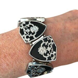 Silver & Black Shield Design Elastic Bracelet By Hottie